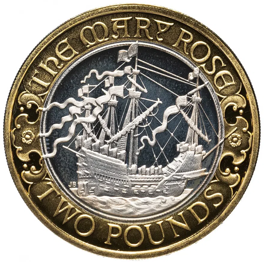 Великобритания 2 фунта (pounds) 2011 Proof "500 лет со дня спуска на воду корабля "Мэри Роуз"" в футляре с сертификатом, аверс