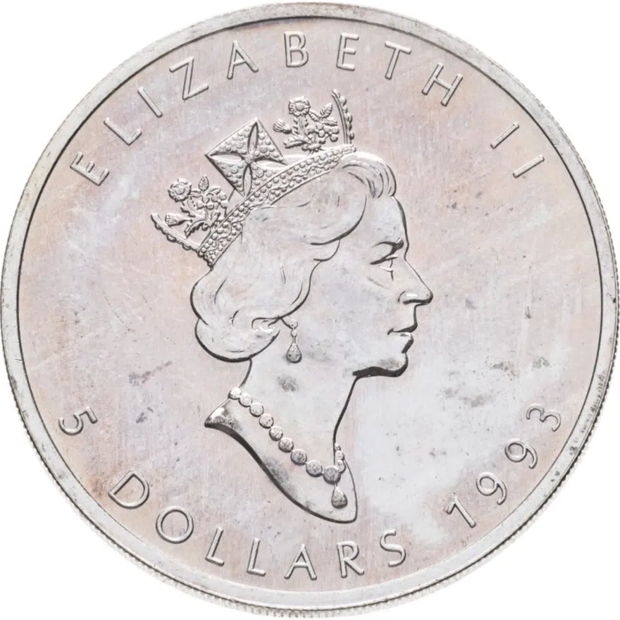 Канада 5 долларов (dollars) 1993  Кленовый лист, аверс