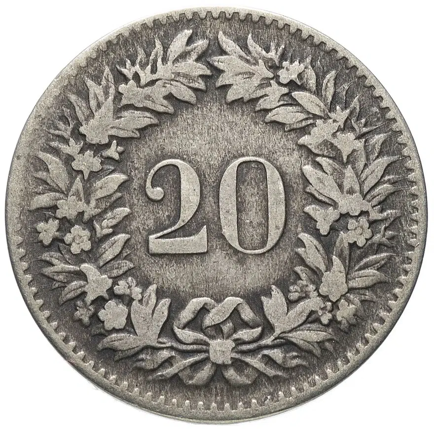 Швейцария 20 раппенов (rappen) 1850, реверс
