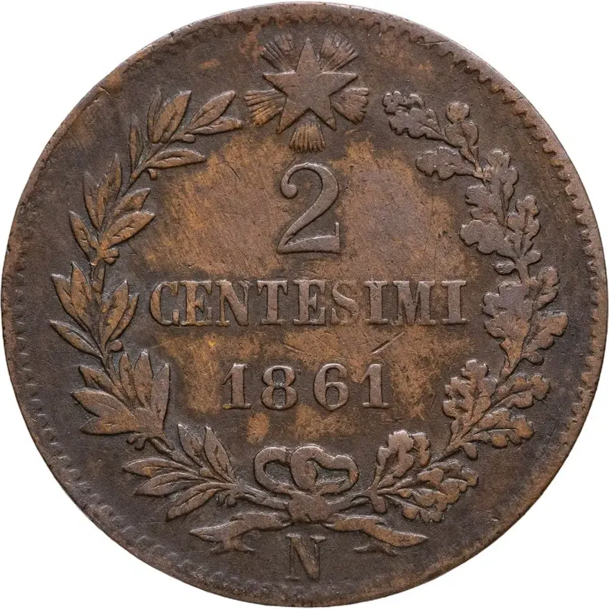 Италия 2 чентезимо (centesimi) 1861 N  знак монетного двора: "N" - Неаполь
