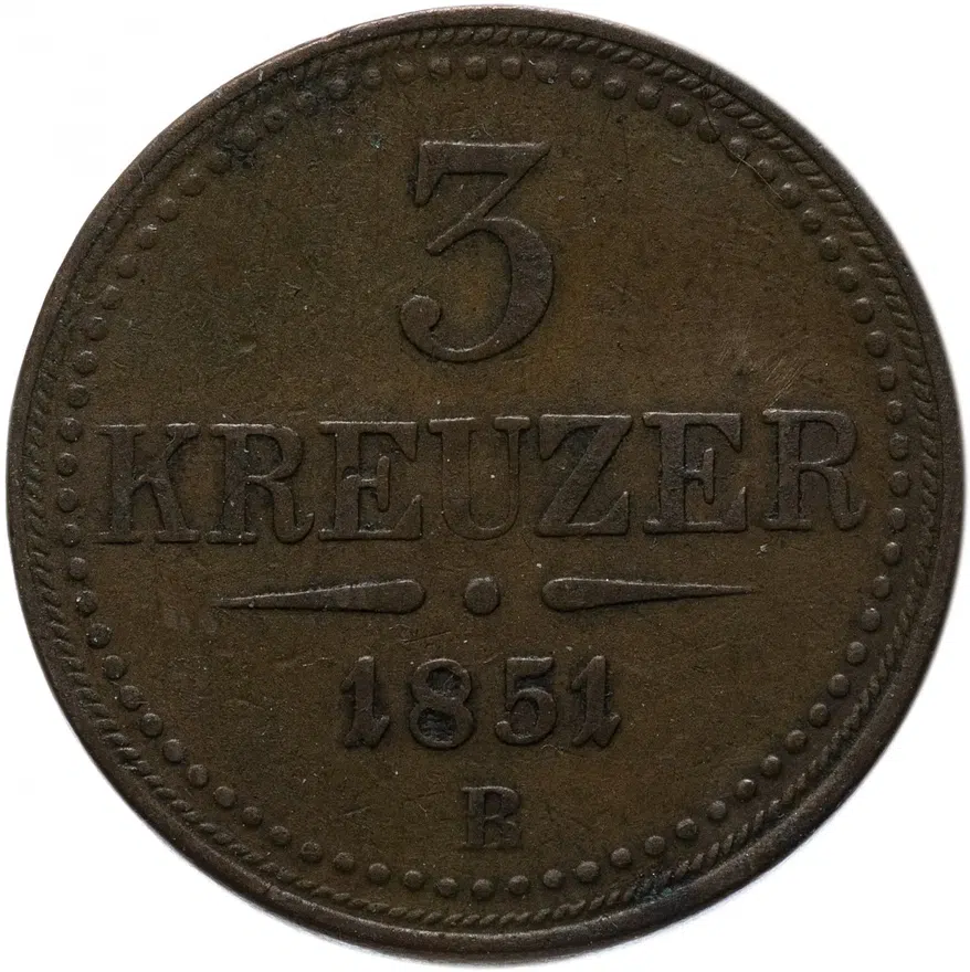 Австрия 3 крейцера (kreuzer) 1851 B, аверс