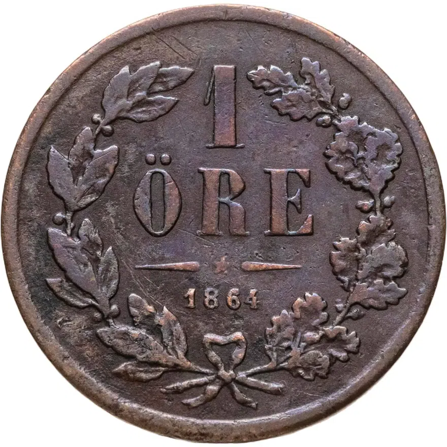 Швеция 1 эре (ore) 1864   Буквы L.A. под бюстом, реверс