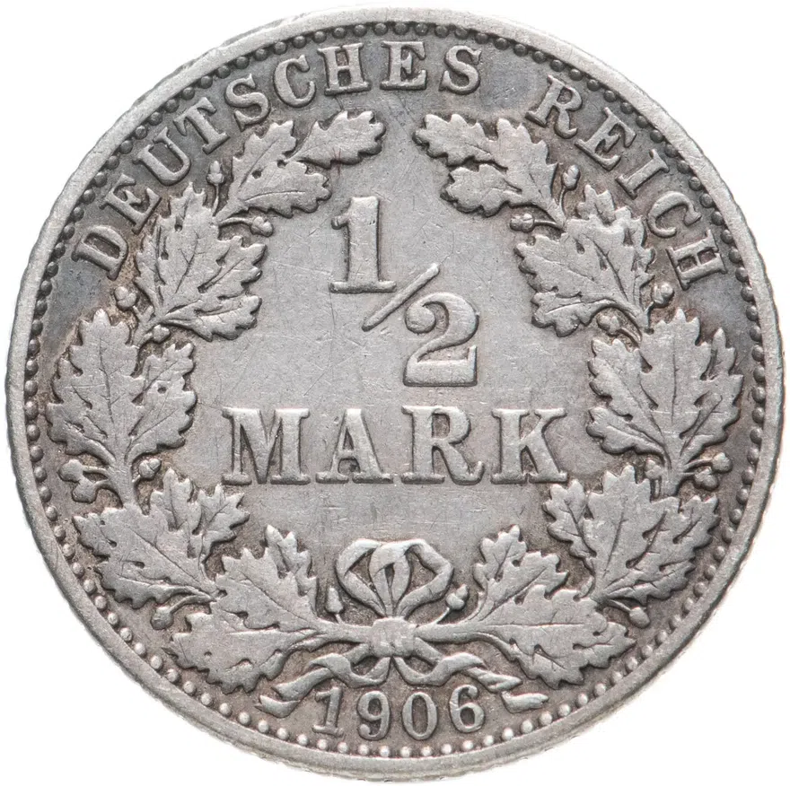 Германия 1/2 марки (mark) 1906 E  знак монетного двора: "E" - Мульденхюттен