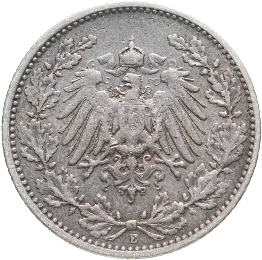 Германия 1/2 марки (mark) 1906 E  знак монетного двора: "E" - Мульденхюттен, реверс
