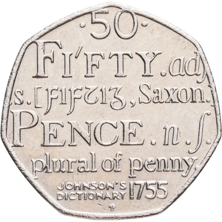 Великобритания 50 пенсов (pence) 2005 "250 лет со дня опубликования Словаря Английского языка Сэмюэла Джонсона"
