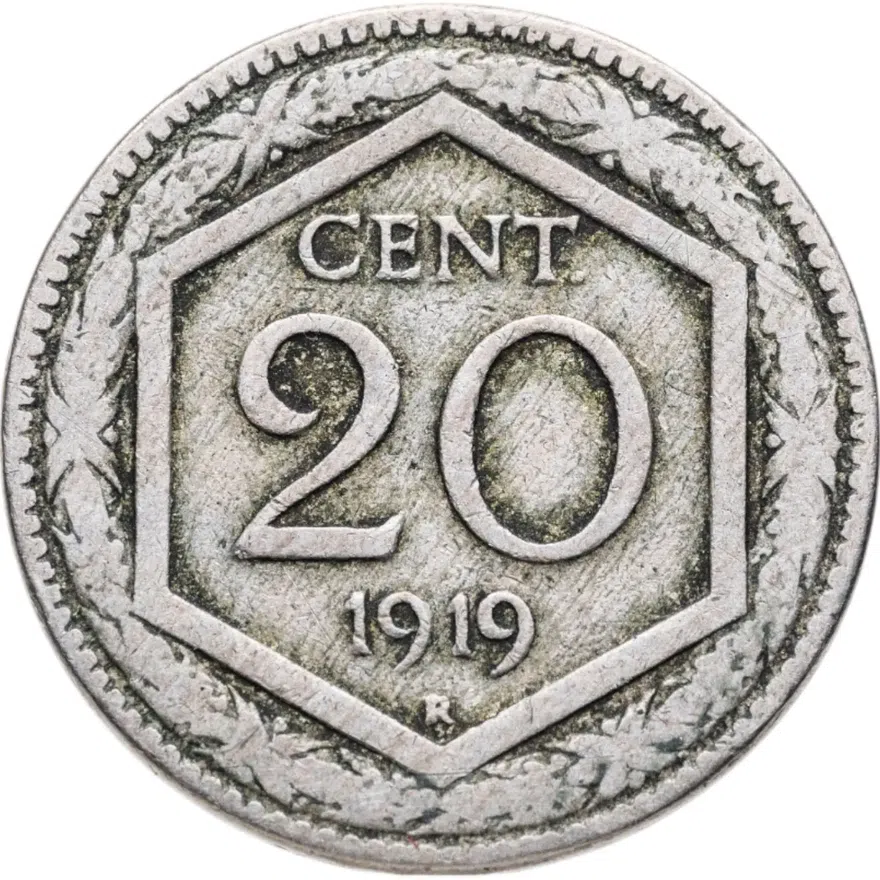 Италия 20 чентезимо (centesimi) 1919  Новый тип: Герб Гладкий гурт
