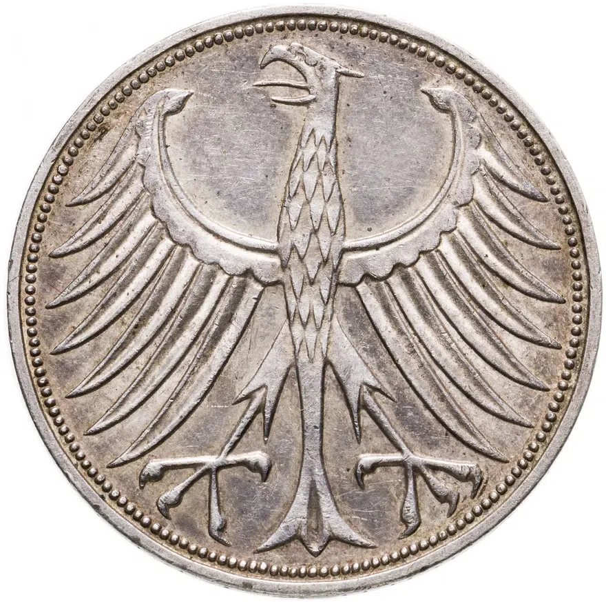 Германия 5 марок (deutsche mark) 1967 F  знак монетного двора: "F" - Штутгарт, реверс