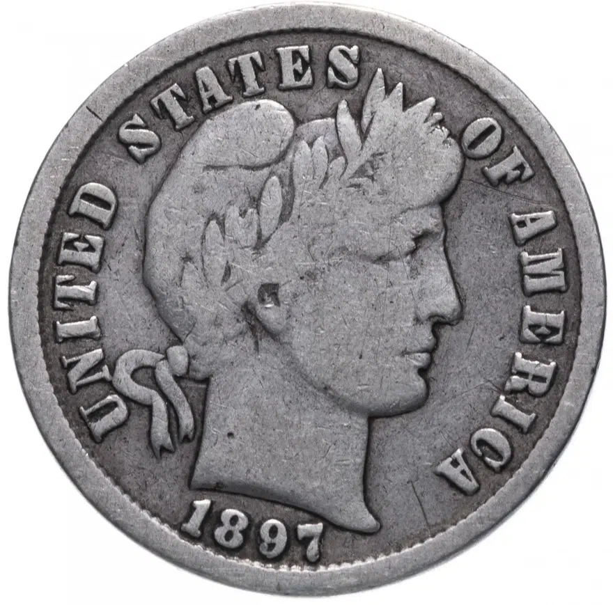 США 10 центов (дайм, one dime) 1897  "Barber Dime" Без отметки монетного двора