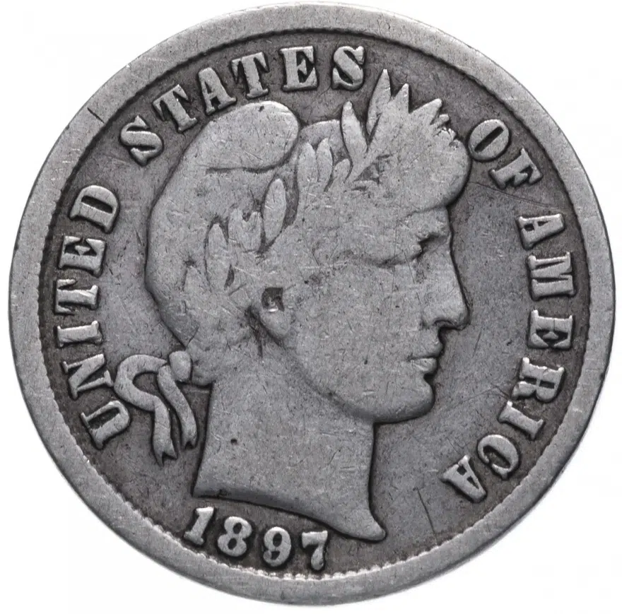 США 10 центов (дайм, one dime) 1897  "Barber Dime" Без отметки монетного двора, реверс