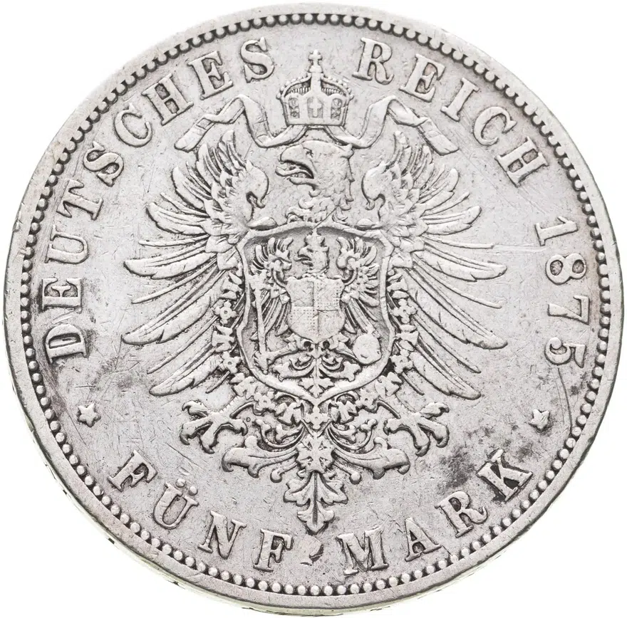 Германия (Империя) 5 марок (mark) 1875 B, реверс