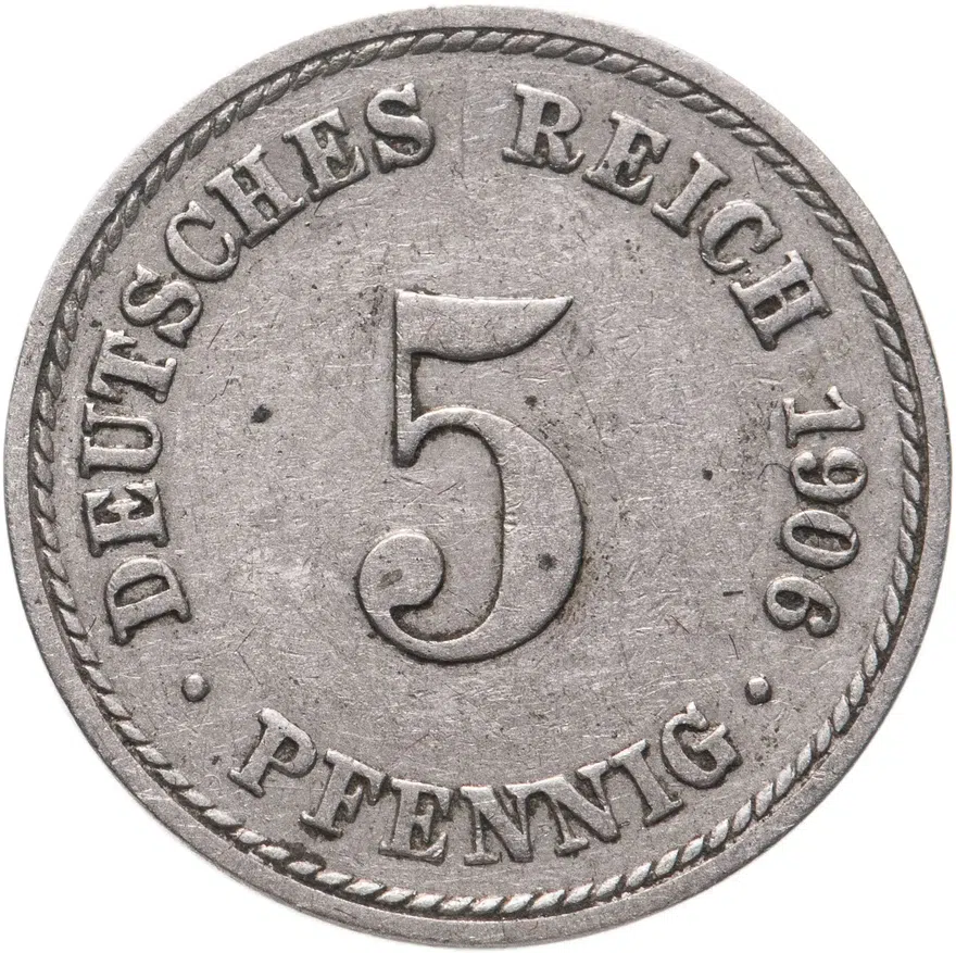 Германия 5 пфеннигов (pfennig) 1906 A  знак монетного двора: "A" - Берлин, реверс