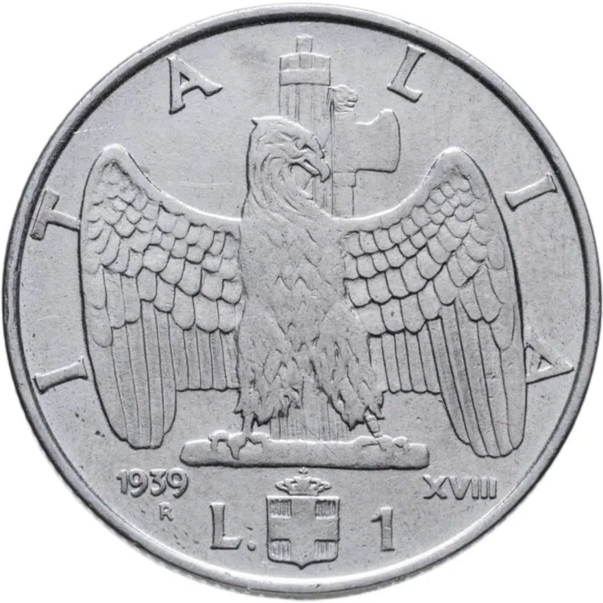 Италия 1 лира (lira) 1939  Не магнетик 1939 - XVIII, реверс