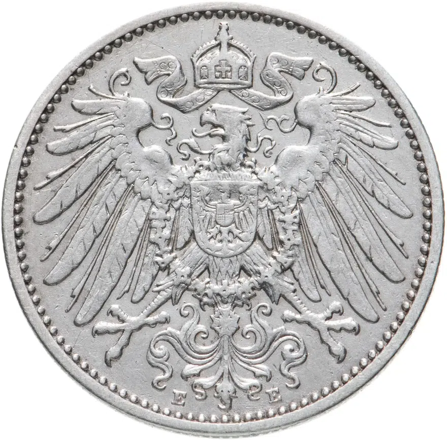 Германия 1 марка (mark) 1910 E  знак монетного двора: "E" - Мульденхюттен, реверс