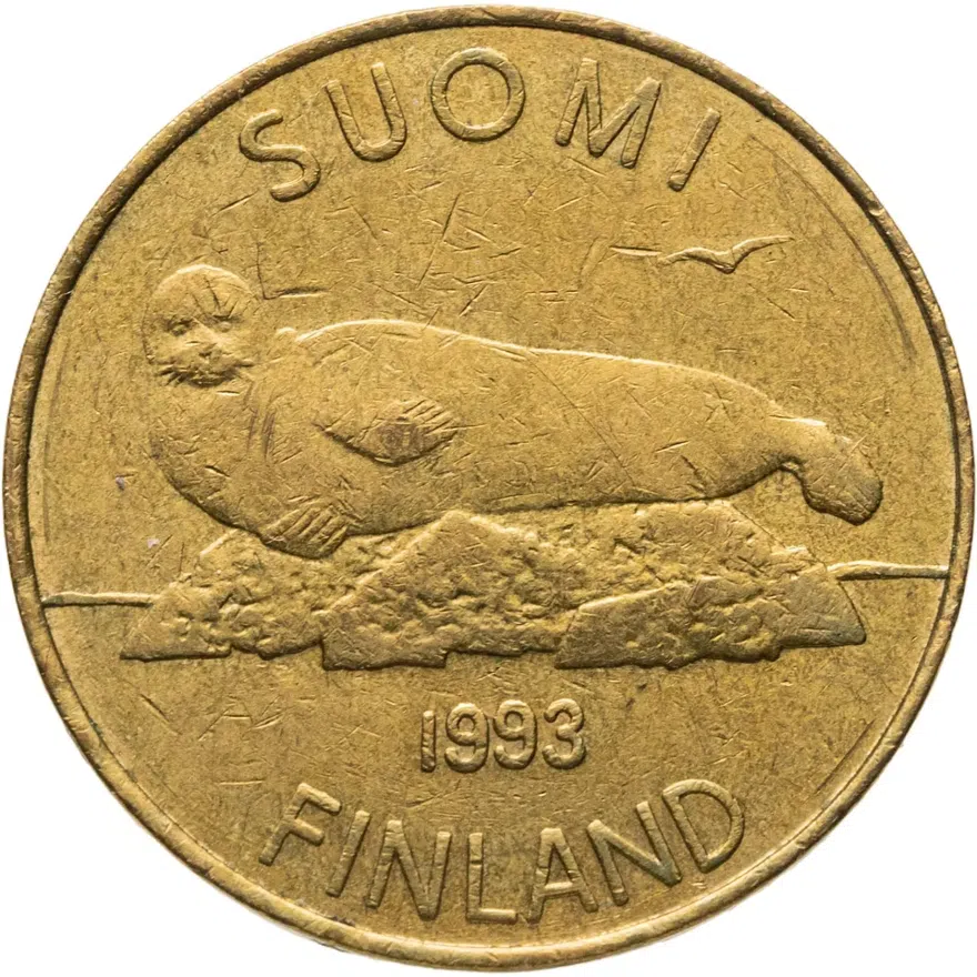 Финляндия 5 марок (markkaa) 1993 M  новый тип (тюлень)