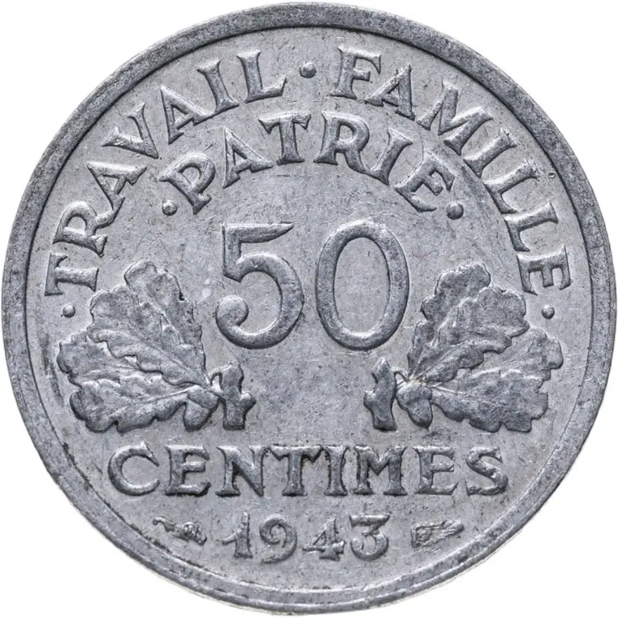 Франция 50 сантимов (centimes) 1943   без знака монетного двора, реверс