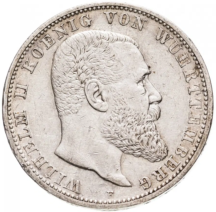 Германская Империя, Вюртемберг 5 марок 1908 F, реверс