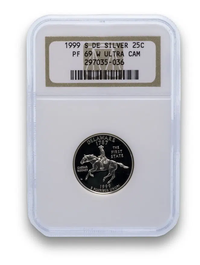 США 25 центов (квотер, 1/4 доллара, quarter dollar) 1999  Делавэр в слабе NGC PF69 UCAM