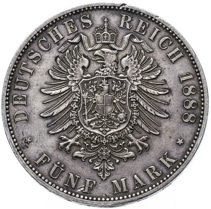 Германия (Пруссия) 5 марок 1888 A, император Фридрих III, реверс
