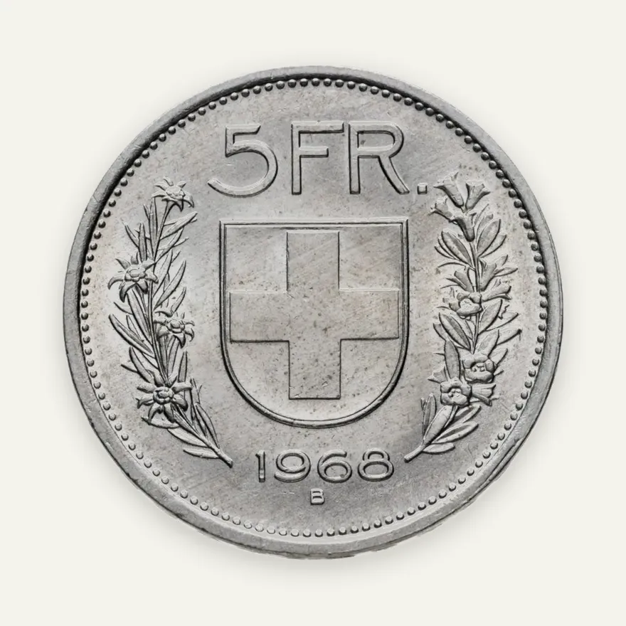 Швейцария 5 франков (francs) 1968 B, реверс