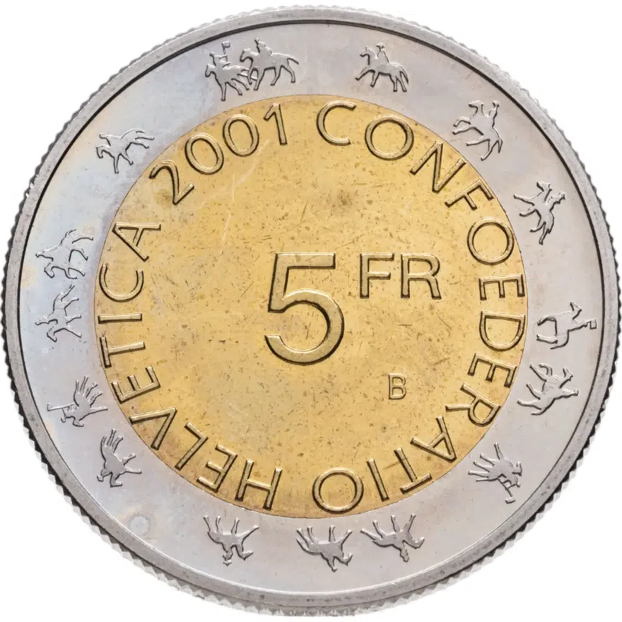 Швейцария 5 франков 2001 "Проводы зимы в Цюрихе. Парад гильдий", реверс