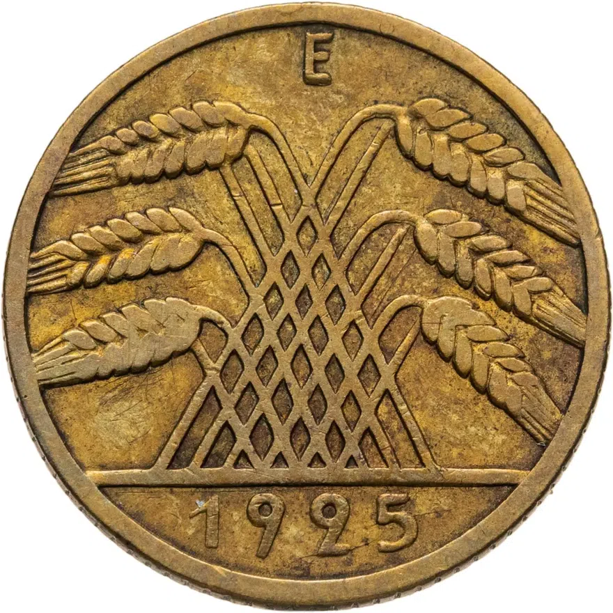 Германия 10 рейхспфеннигов (reichspfennig) 1925 E  знак монетного двора "E" — Мульденхюттен
