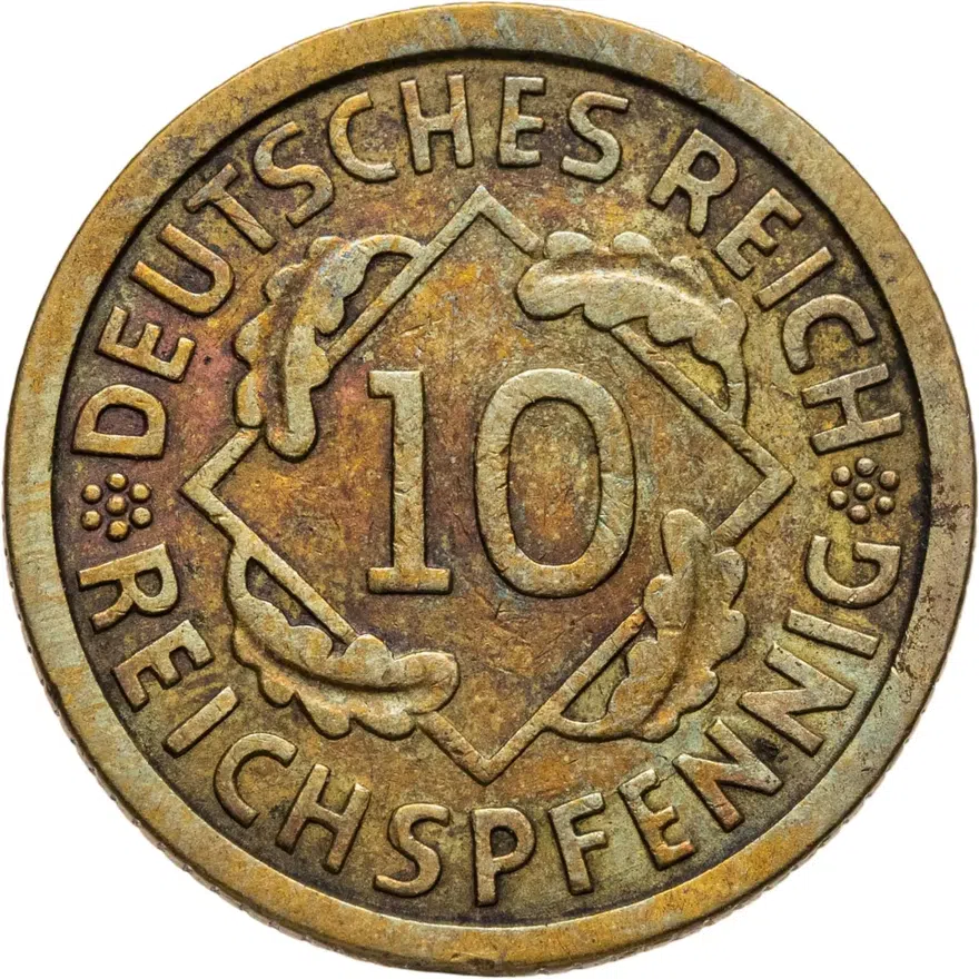 Германия 10 рейхспфеннигов (reichspfennig) 1925 E  знак монетного двора "E" — Мульденхюттен, реверс