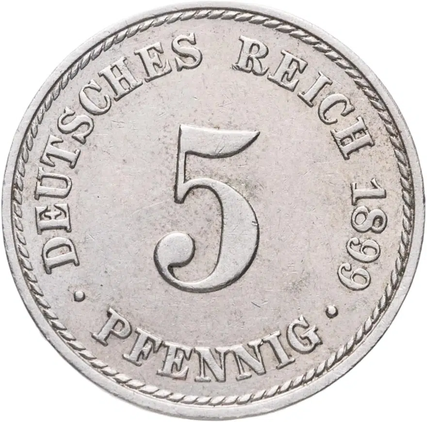 Германия 5 пфеннигов (pfennig) 1899 A  знак монетного двора: "A" - Берлин, аверс