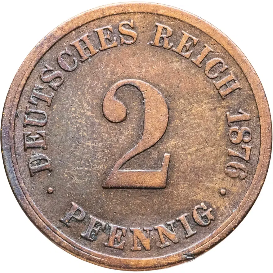 Германия 2 пфеннига (pfennig) 1876 D  знак монетного двора: "D" - Мюнхен