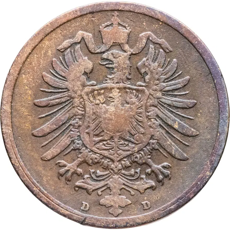 Германия 2 пфеннига (pfennig) 1876 D  знак монетного двора: "D" - Мюнхен, реверс