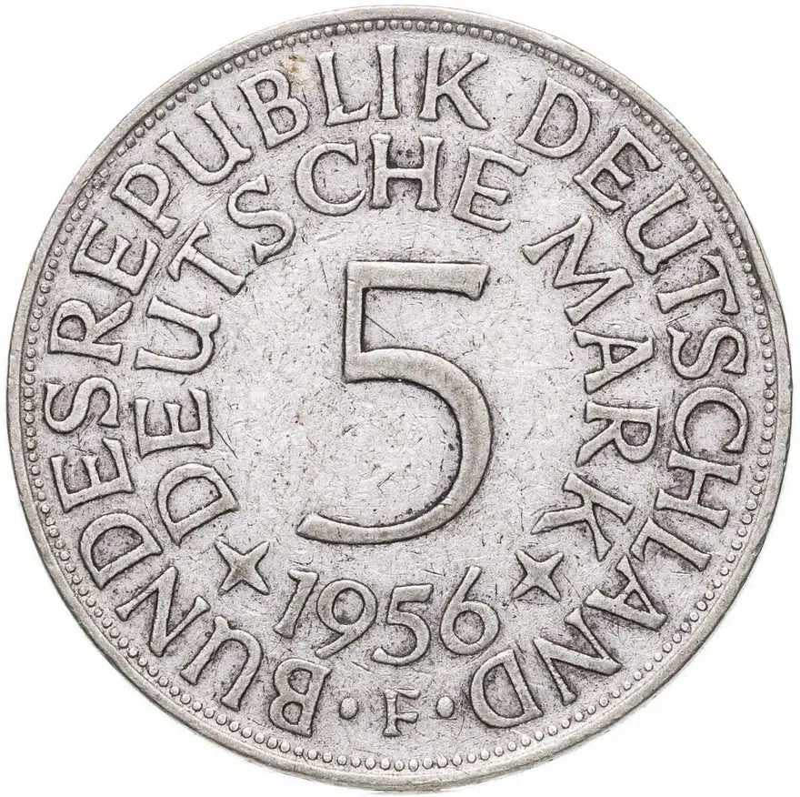 Германия 5 марок (deutsche mark) 1956 F  знак монетного двора: "F" - Штутгарт