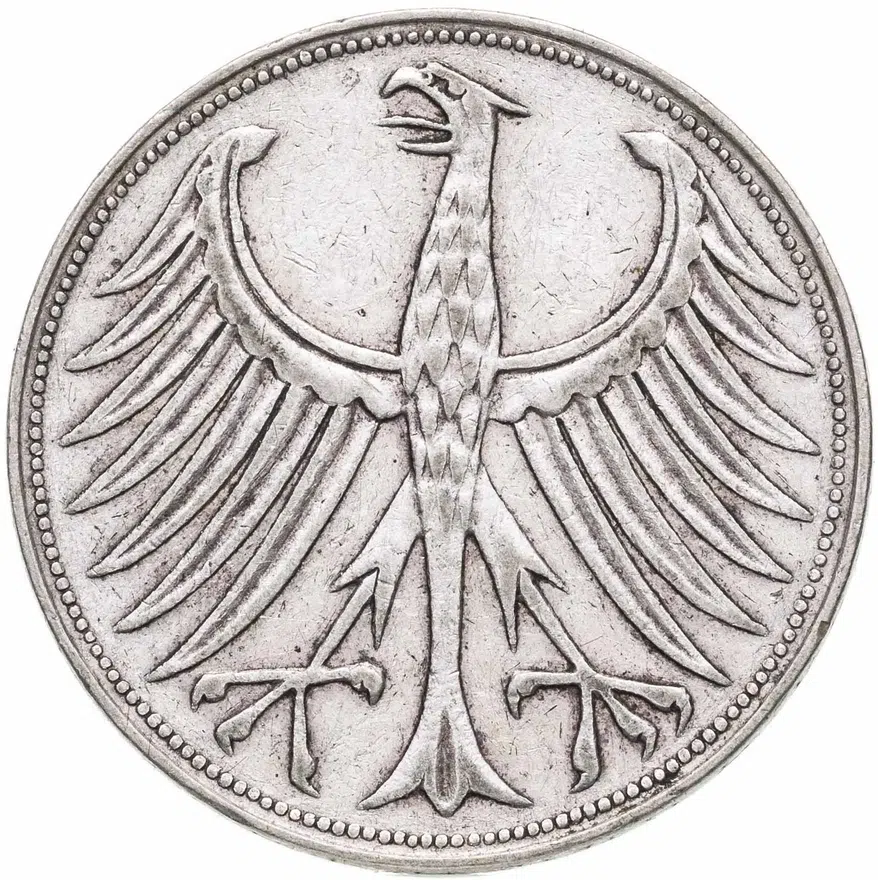 Германия 5 марок (deutsche mark) 1956 F  знак монетного двора: "F" - Штутгарт, реверс