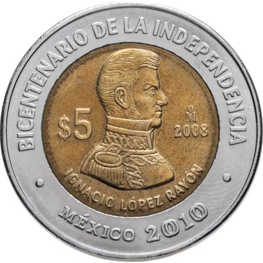 Мексика 5 песо (pesos) 2008 Двухсотлетие независимости - Игнасио Лопес Район, аверс