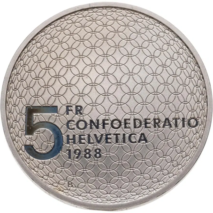 Швейцария 5 франков (francs) 1988  Олимпийские игры - голубь и кольца, аверс