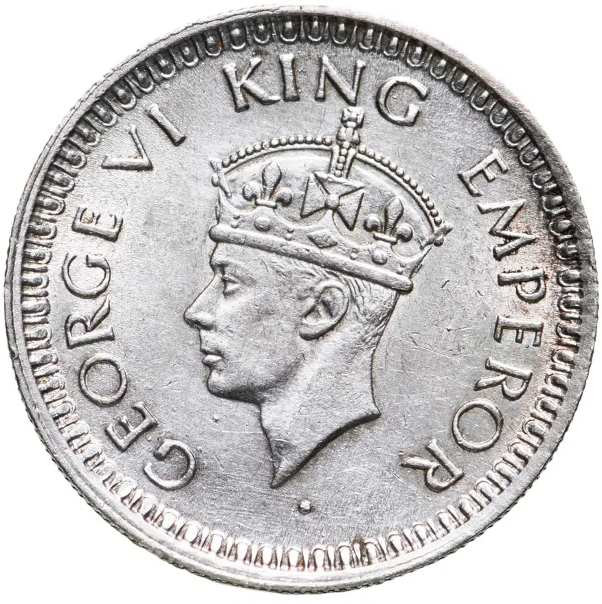 Индия (Британская) 1/4 рупии (rupee) 1944 ♦ Ребристый гурт с желобом внутри знак монетного двора: "♦" - Бомбей, реверс