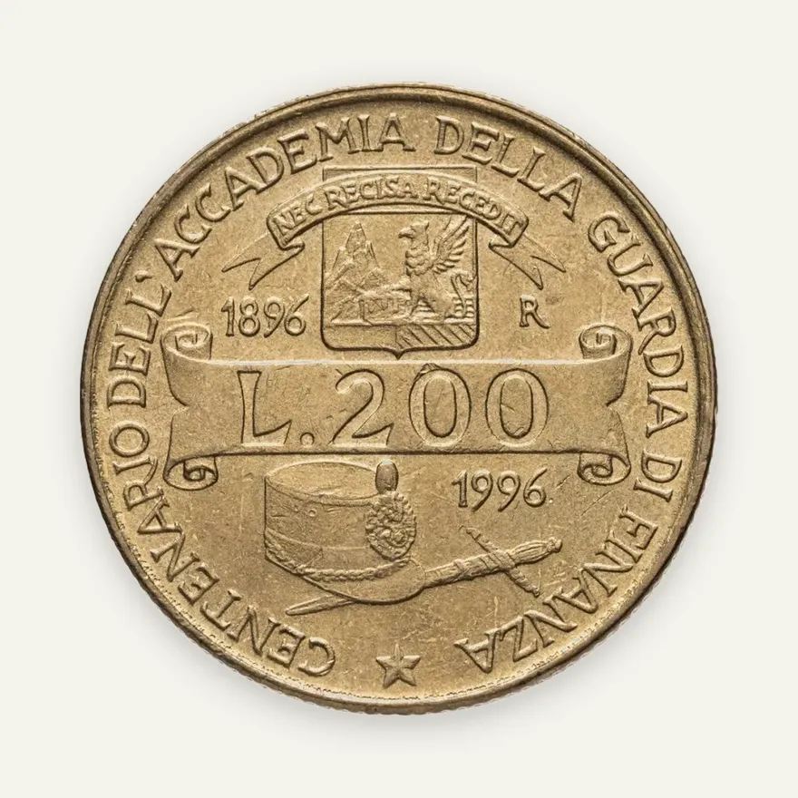 Италия 200 лир (lire) 1996  100 лет Академии таможенной службы