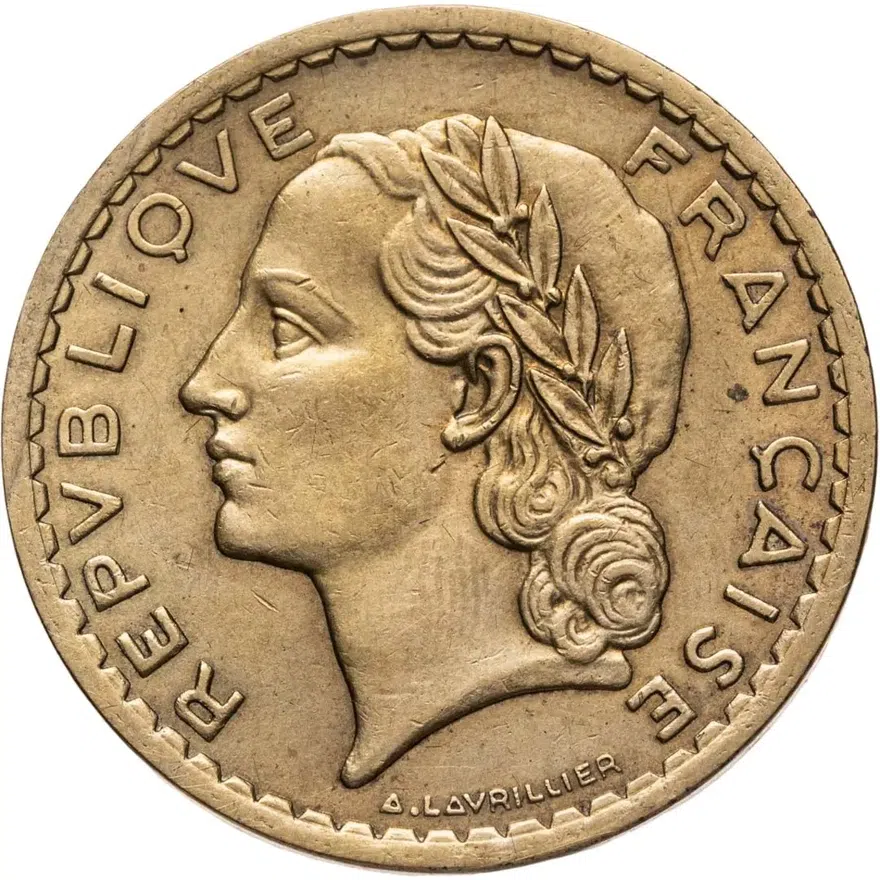 Франция 5 франков (francs) 1945 C  алюминиевая бронза, знак монетного двора: "C" - Кастельсарразен