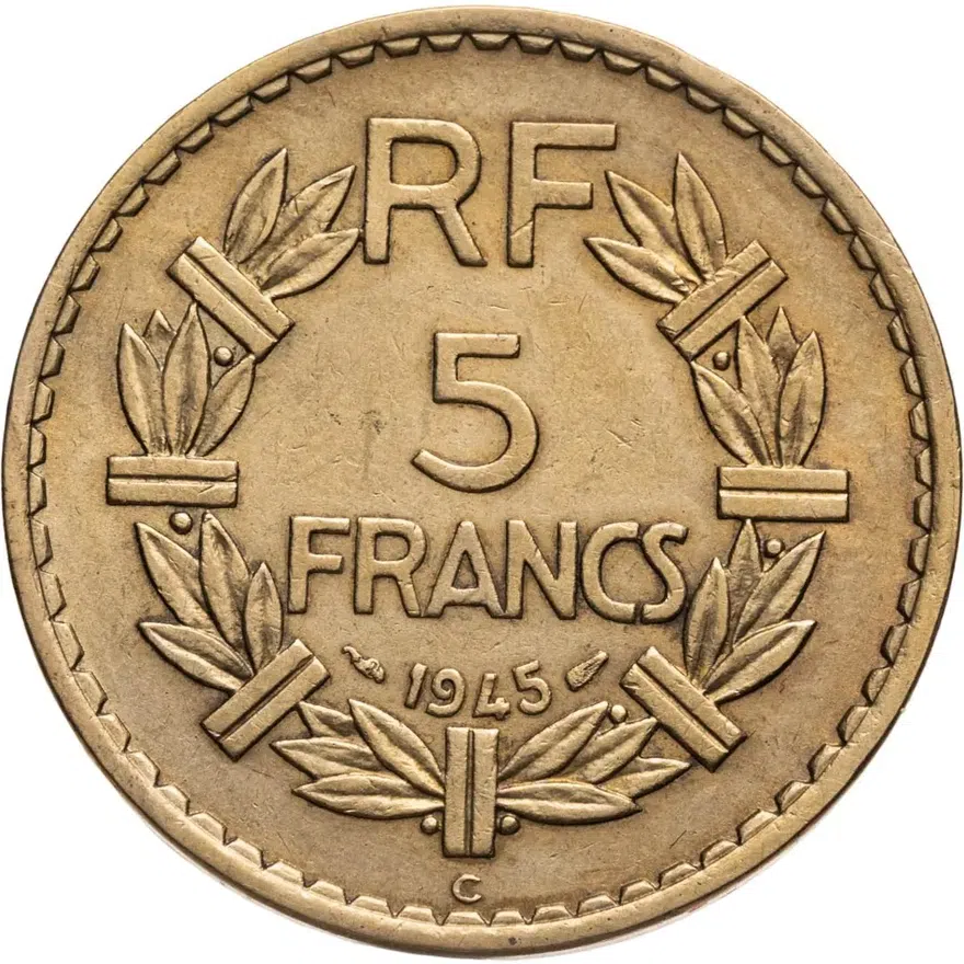 Франция 5 франков (francs) 1945 C  алюминиевая бронза, знак монетного двора: "C" - Кастельсарразен, реверс