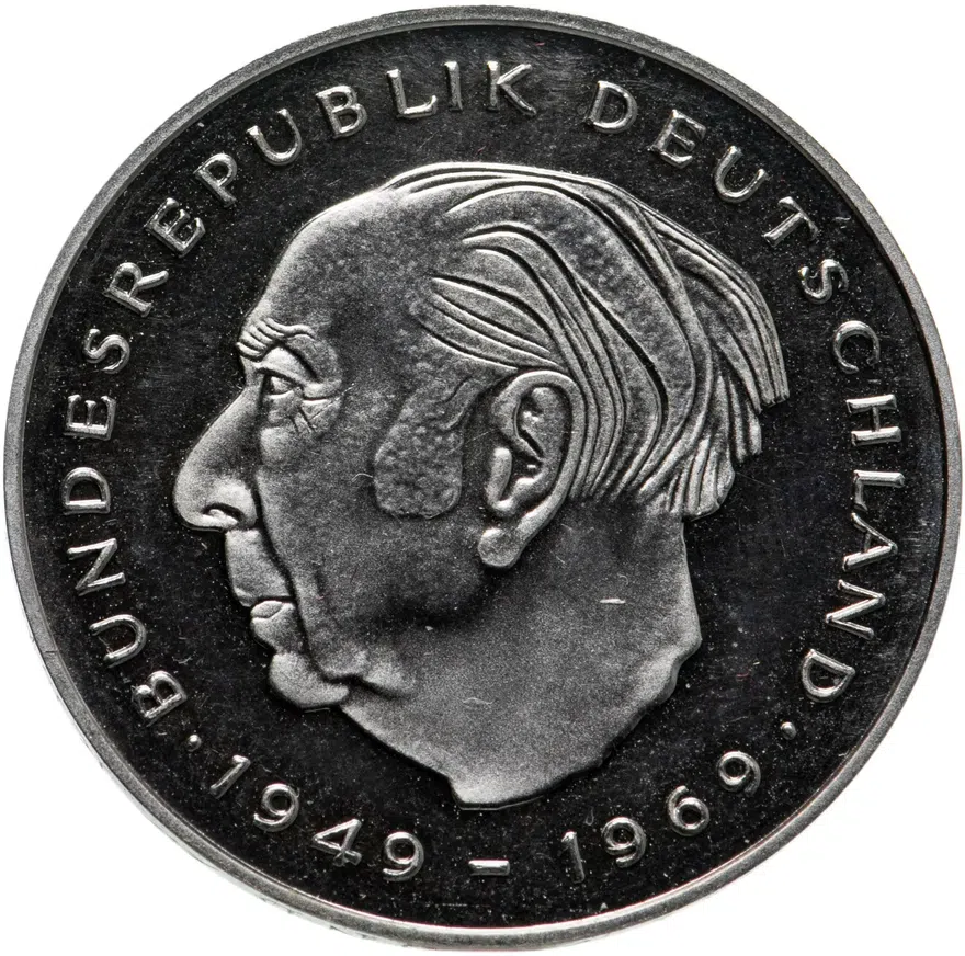 Германия 2 марки (mark) 1979 J Теодор Хойс, 20 лет Федеративной Республике (1949-1969) знак монетного двора: "J" - Гамбург, аверс