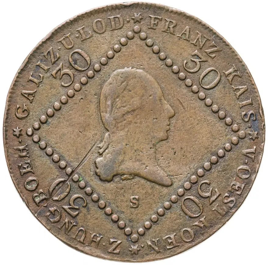 Австрия 30 крейцеров (kreuzer) 1807 A  знак монетного двора "A" - Вена