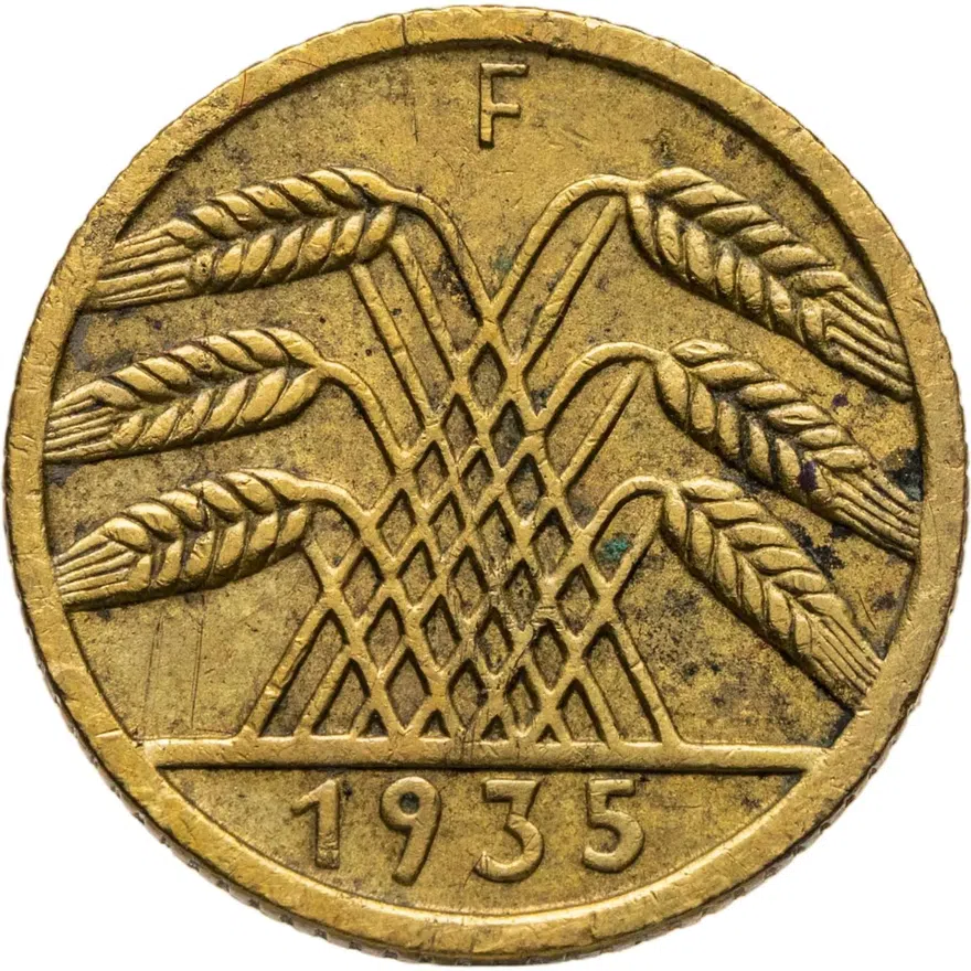 Германия 5 рейхспфеннигов (reichspfennig) 1935 F  знак монетного двора "F" — Штутгарт