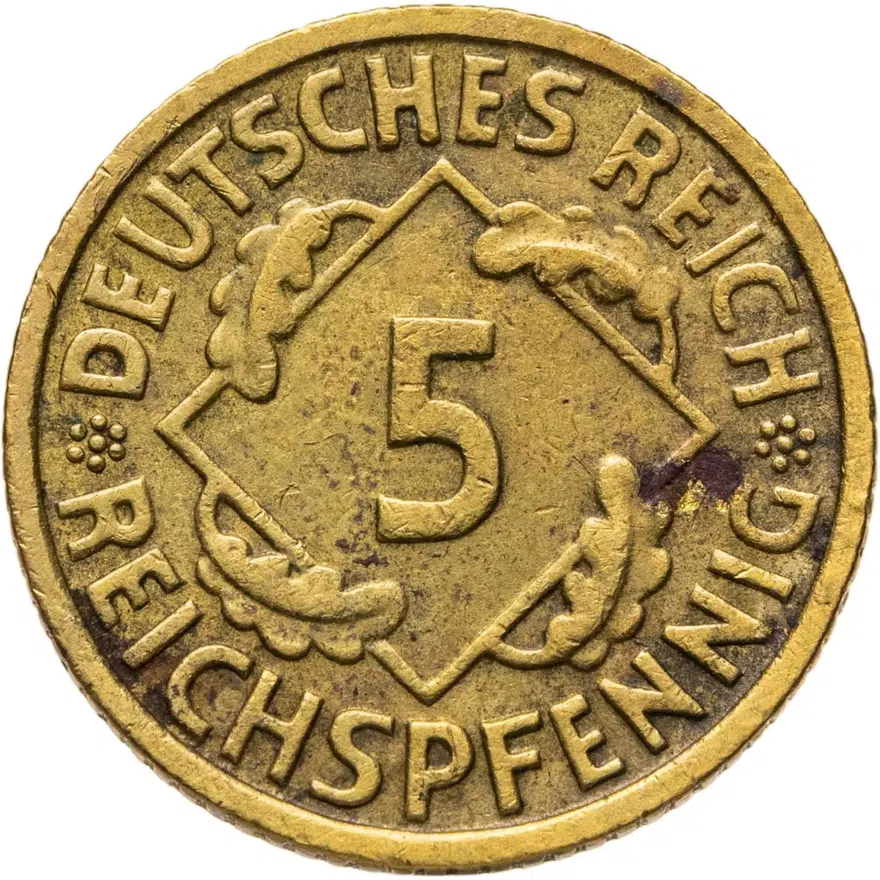 Германия 5 рейхспфеннигов (reichspfennig) 1935 F  знак монетного двора "F" — Штутгарт, реверс
