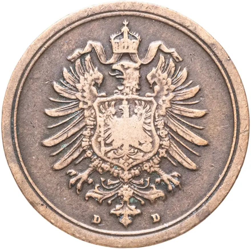 Германская империя 1 пфенниг (pfennig) 1875 знак монетного двора: "D" - Мюнхен, реверс