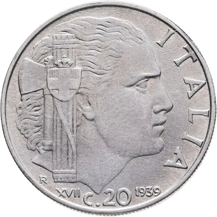 Италия 20 чентезимо (centesimi) 1939  Магнетик, ребристый гурт 1939 - XVII, реверс