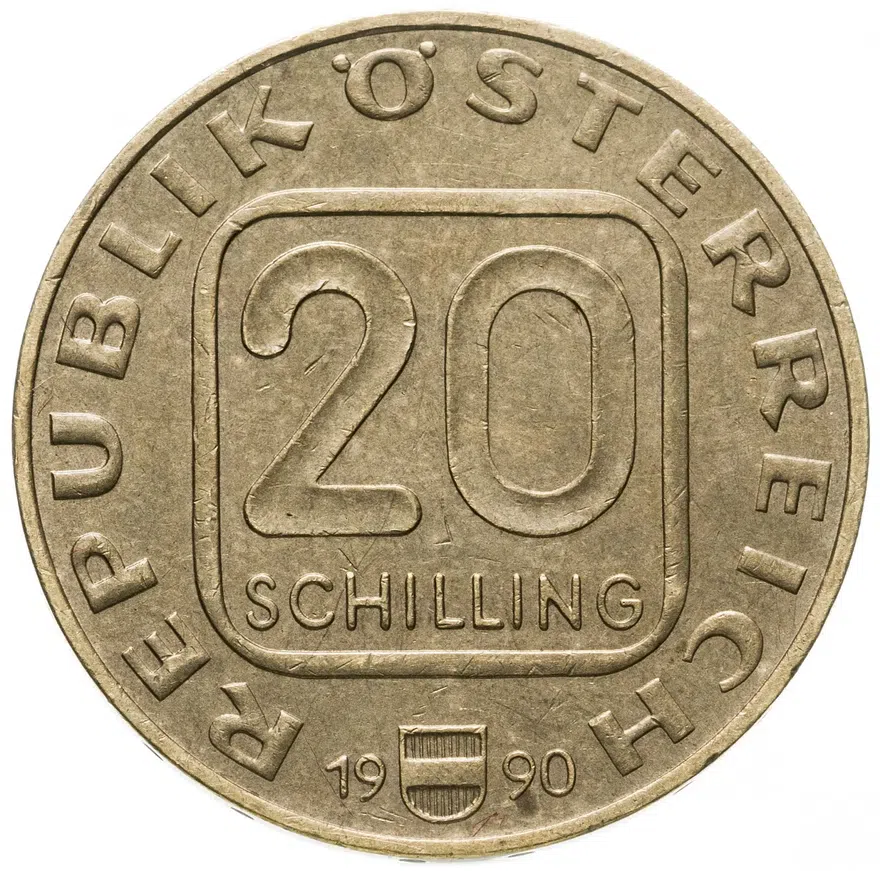 Австрия 20 шиллингов (shillings) 1990  Башня Мартинстурм в Брегенце
