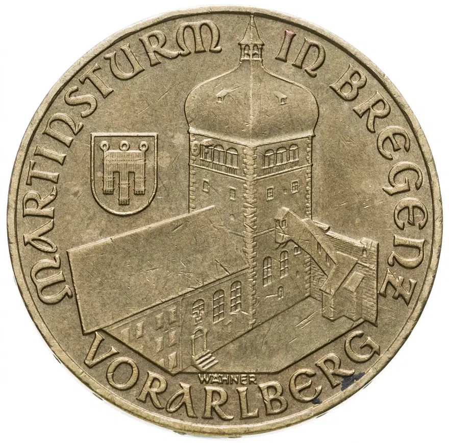 Австрия 20 шиллингов (shillings) 1990  Башня Мартинстурм в Брегенце, реверс