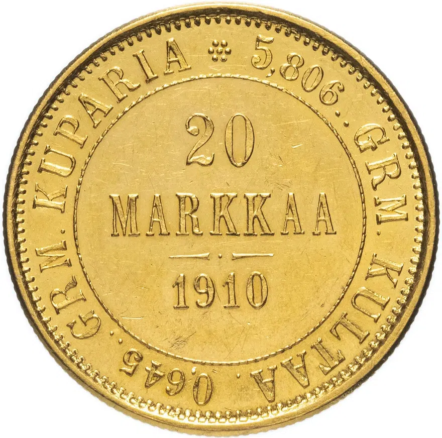 20 марок (markkaa) 1910 монета для Финляндии, аверс