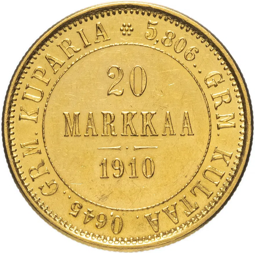 20 марок (markkaa) 1910 монета для Финляндии, реверс