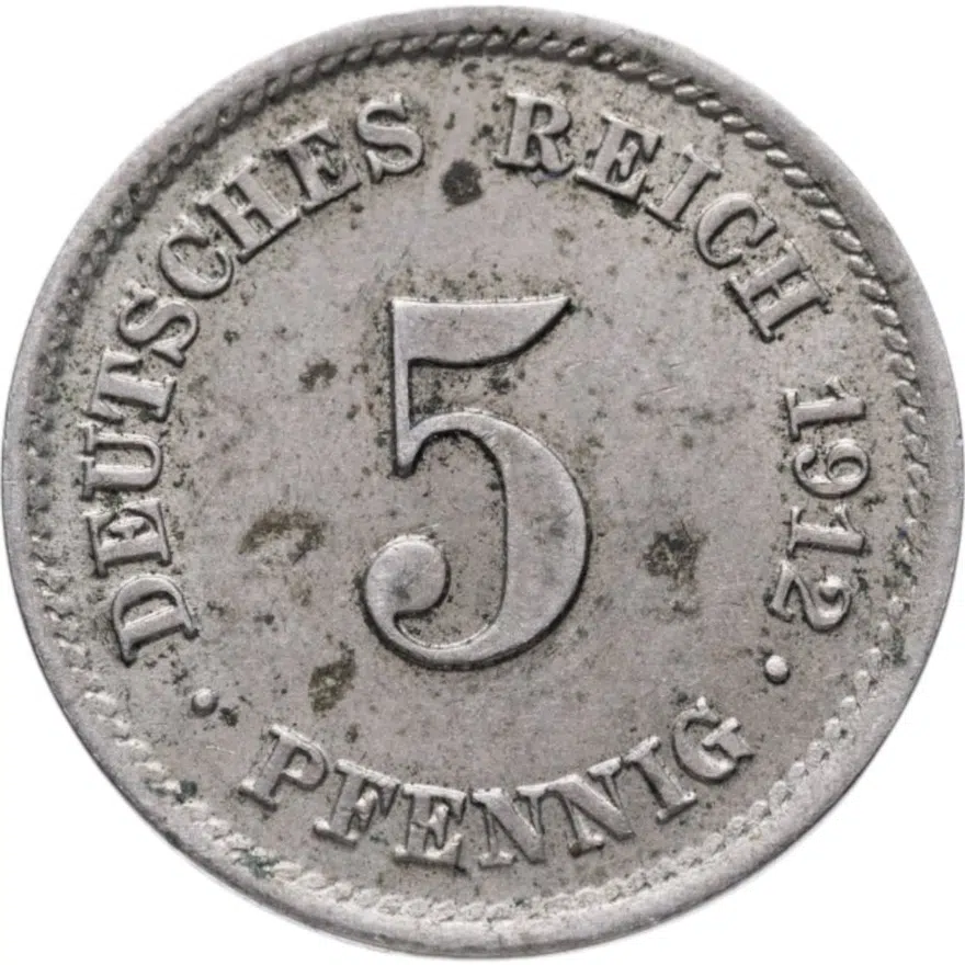 Германия 5 пфеннигов (pfennig) 1912 знак монетного двора: "E" - Мульденхюттен, аверс