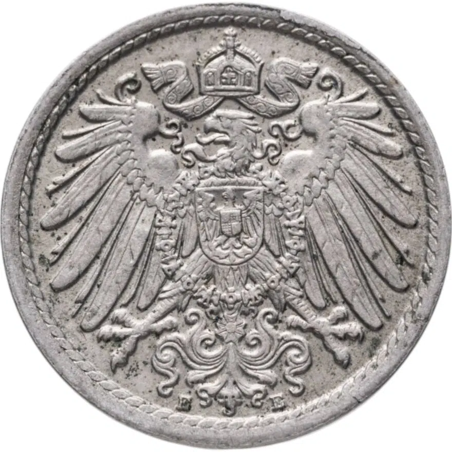 Германия 5 пфеннигов (pfennig) 1912 знак монетного двора: "E" - Мульденхюттен, реверс