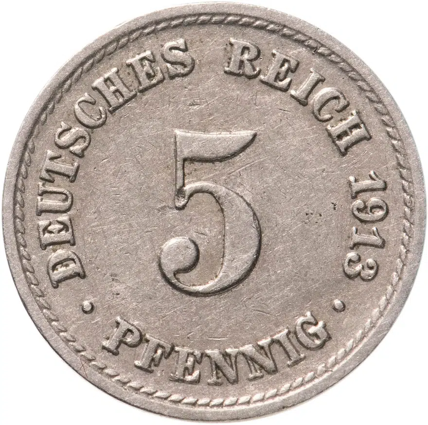 Германия 5 пфеннигов (pfennig) 1913 A  знак монетного двора: "A" - Берлин, аверс